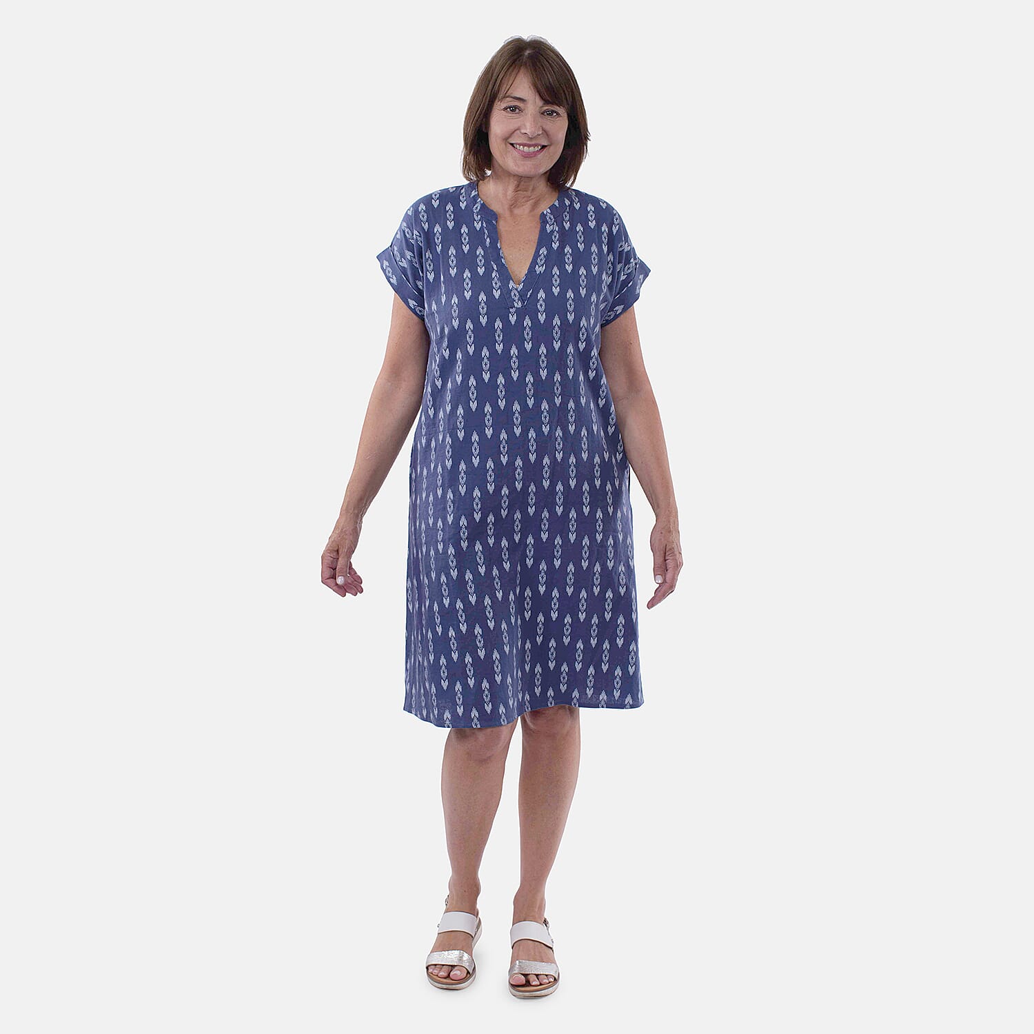 TAMSY Linen Blend Open Neck Half Placket Dress with Grown on Sleeve (Size L,16-18) - Navy & White