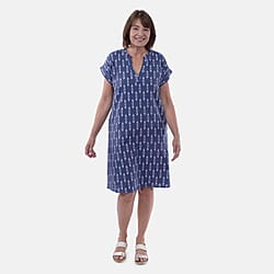 TAMSY Open Neck Half Placket Dress with Grown on Sleeve - Navy & White