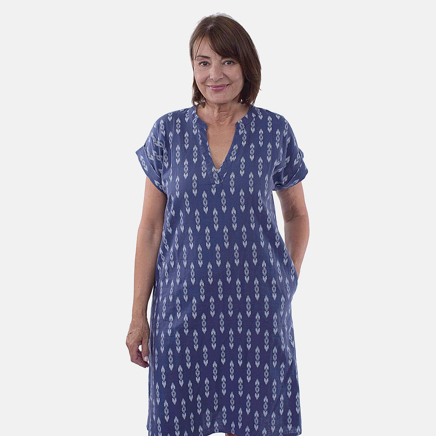 TAMSY Linen Blend Open Neck Half Placket Dress with Grown on Sleeve (Size L,16-18) - Navy & White