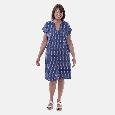 TAMSY Linen Blend Open Neck Half Placket Dress with Grown on Sleeve (Size M,12-14) - Navy & White