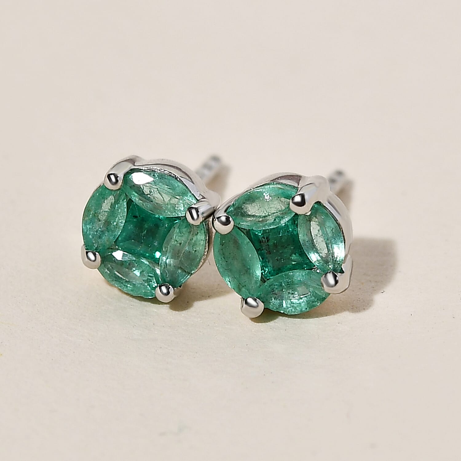 Premium Emerald Stud Earrings (With Push Back) in Platinum Overlay Sterling Silver