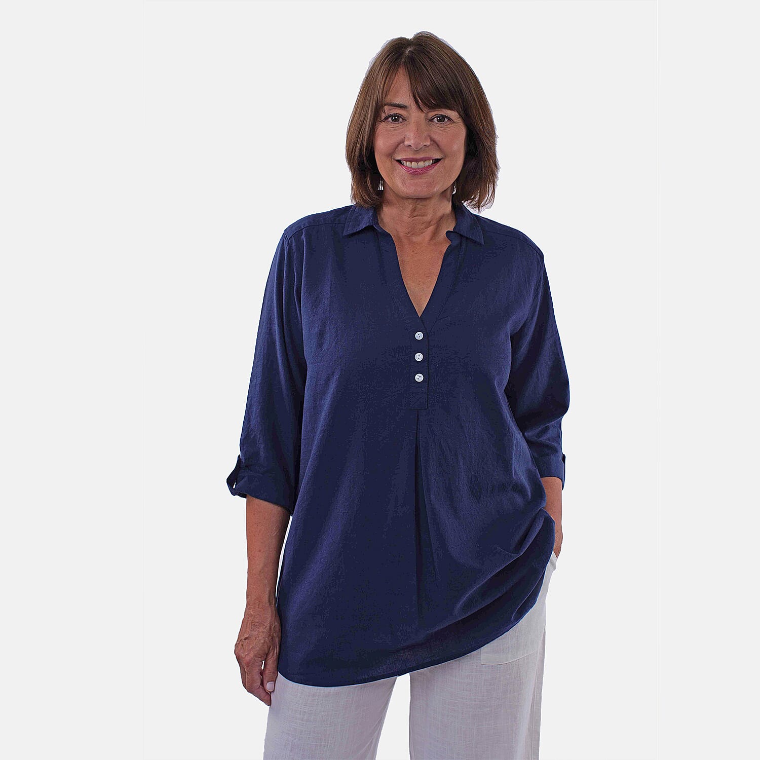 TAMSY Short Sleeve Shirt with Half Placket and Stand Collar (Size L,16-18) - Navy