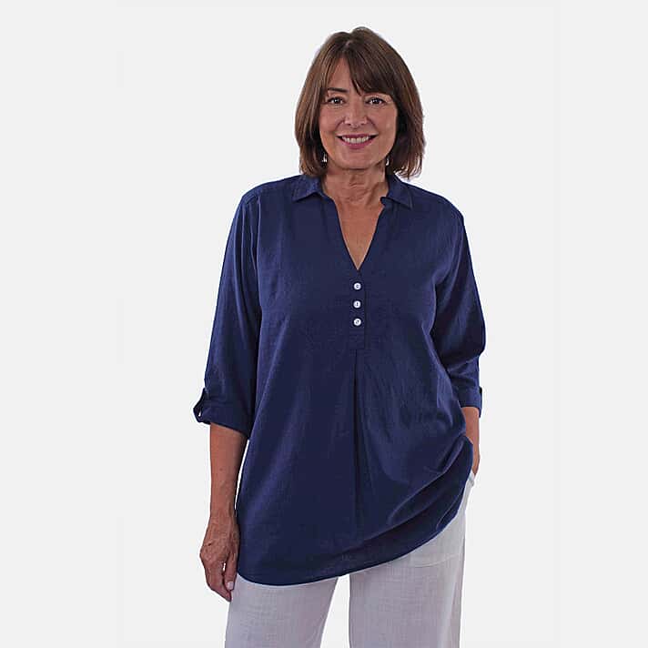 TAMSY Short Sleeve Shirt with Half Placket and Stand Collar (Size L,16-18) - Navy