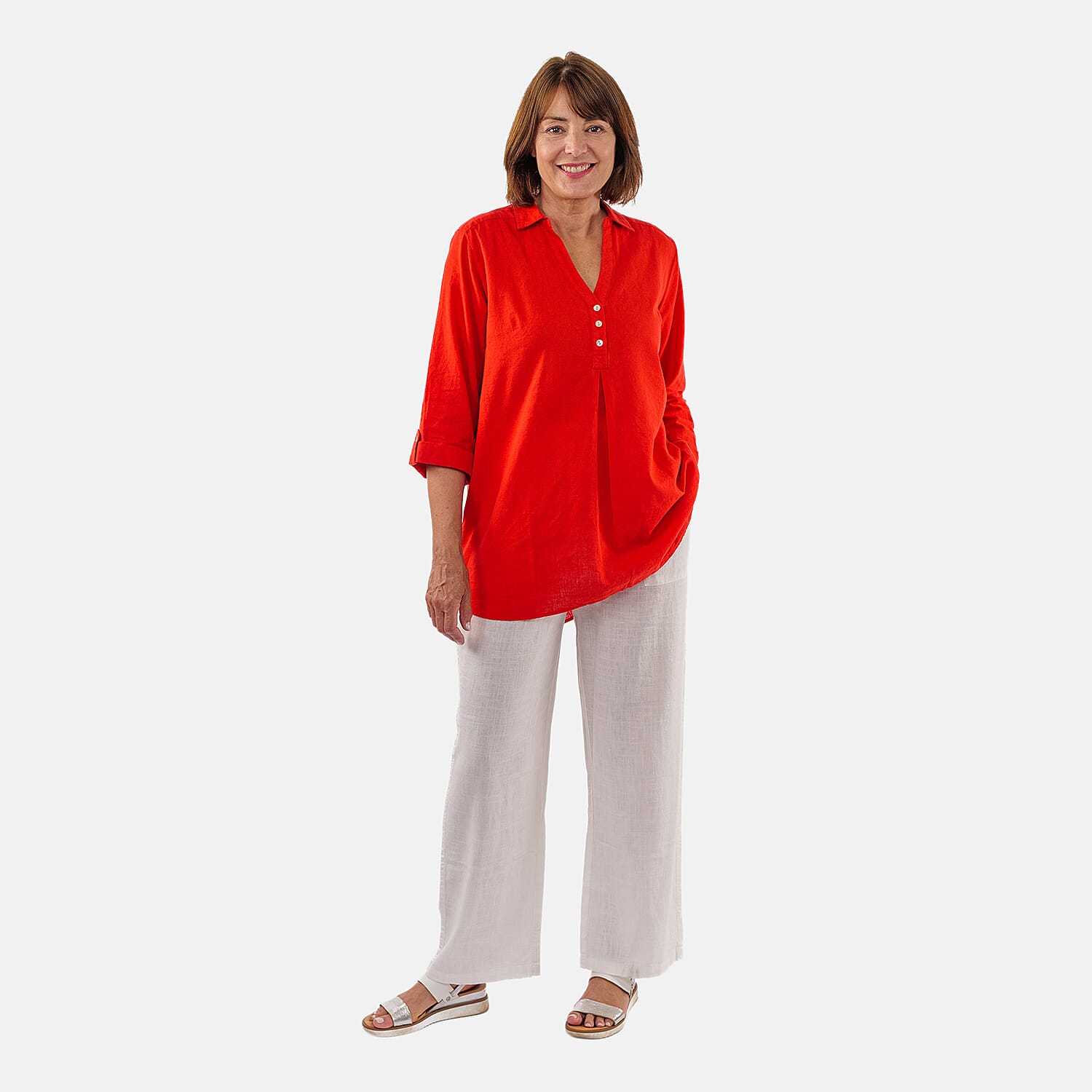 TAMSY Linen Blend Long Line Roll Up Sleeves Blouse (Size L) - Red