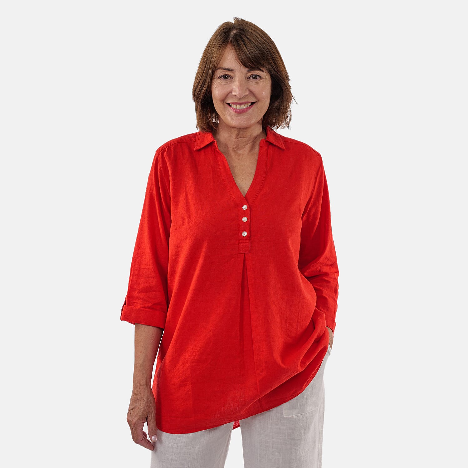 TAMSY Linen Blend Long Line Roll Up Sleeves Blouse (Size L) - Red