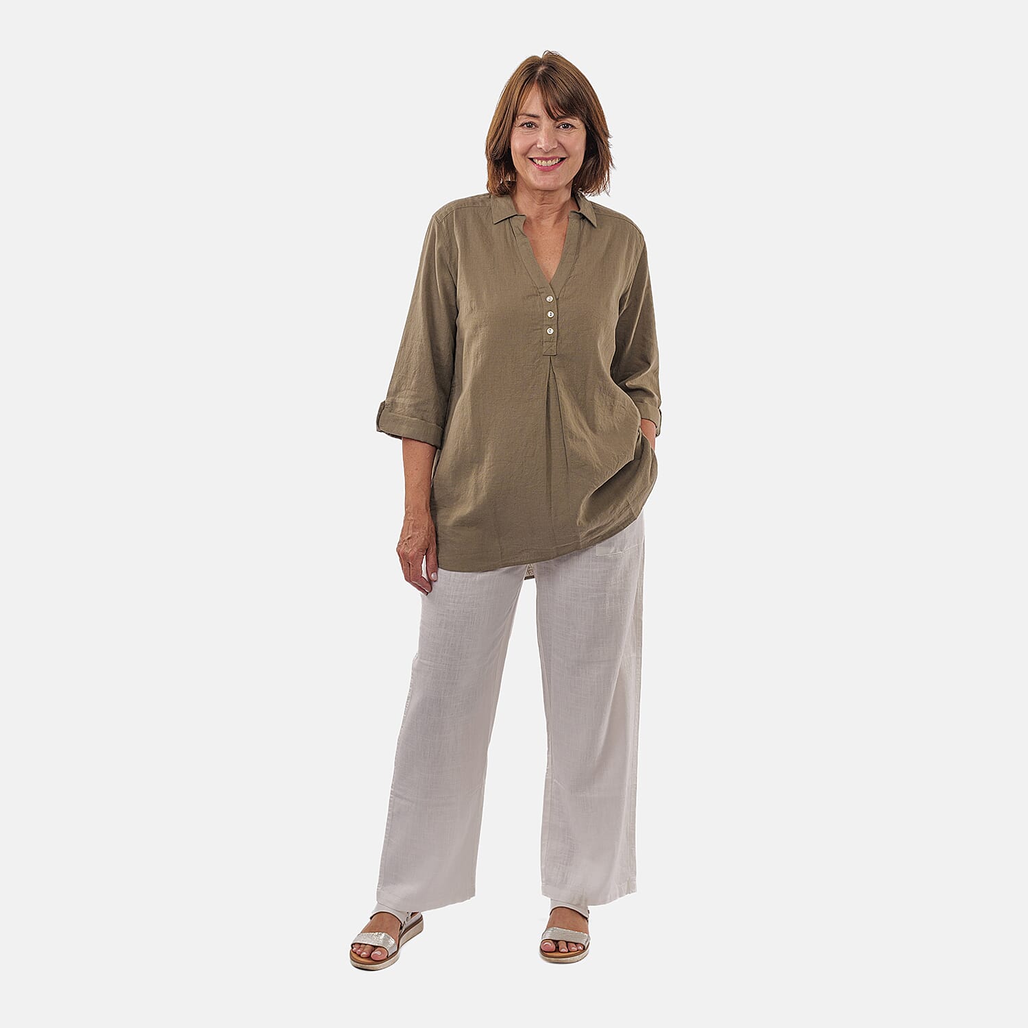 TAMSY Linen Blend Long Line Roll Up Sleeve Blouse (Size M) - Olive