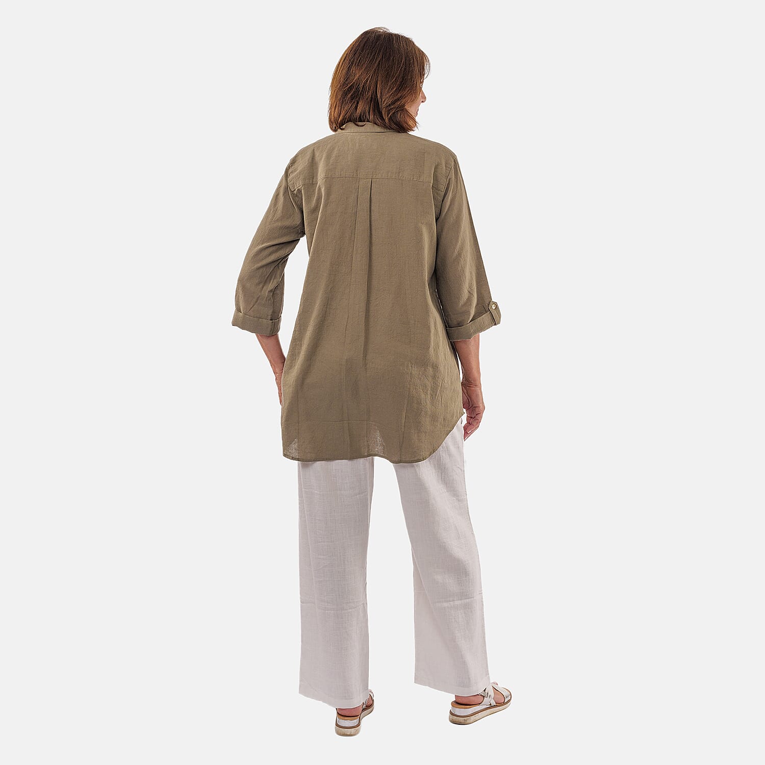 TAMSY Linen Blend Long Line Roll Up Sleeve Blouse (Size M) - Olive