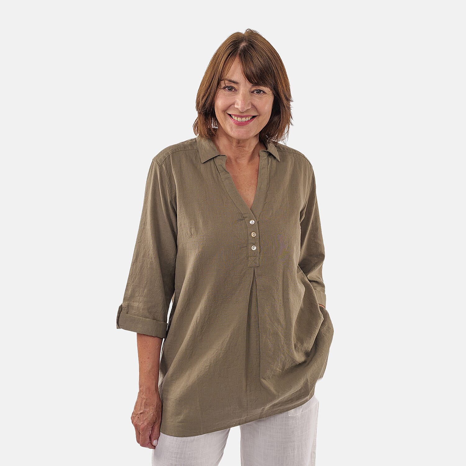 TAMSY Linen Blend Long Line Roll Up Sleeve Blouse (Size M) - Olive