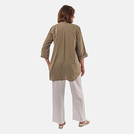 TAMSY Linen Blend Long Line Roll Up Sleeve Blouse (Size S) - Olive