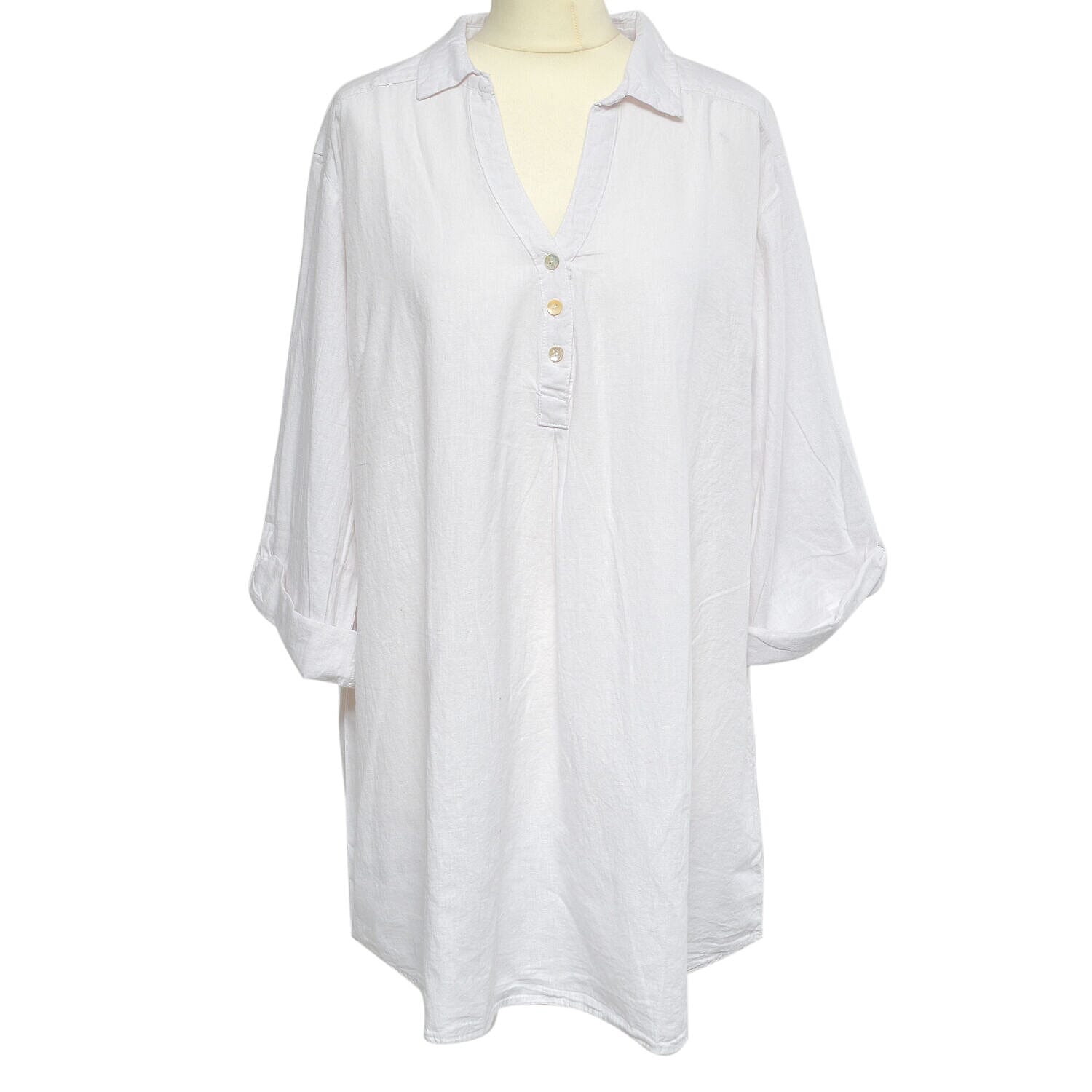 Tamsy Linen Blend Long Line Roll up Sleeve Blouse (Size L,16-18) - Red