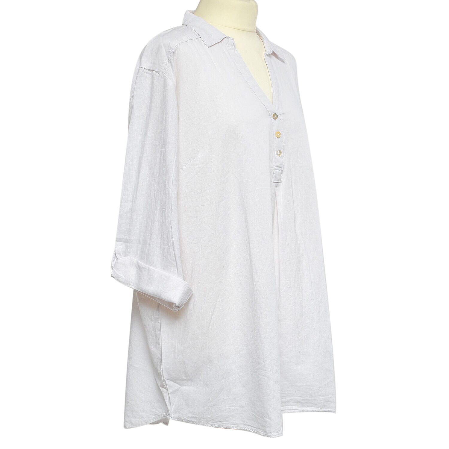 Tamsy Linen Blend Long Line Roll up Sleeve Blouse (Size L,16-18) - Red