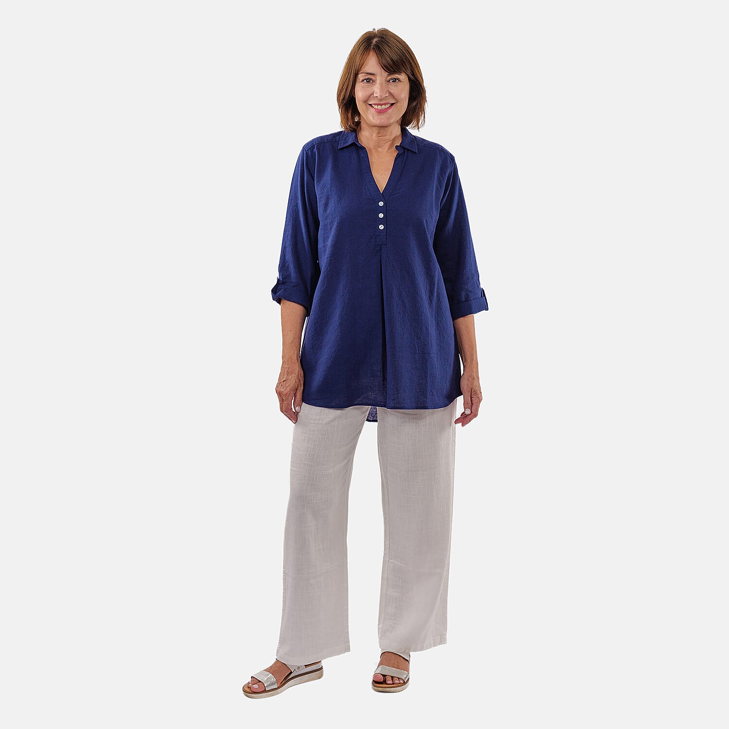 Tamsy Linen Blend Long Line Roll Up Sleeve Blouse (Size L,16-18) - Blue