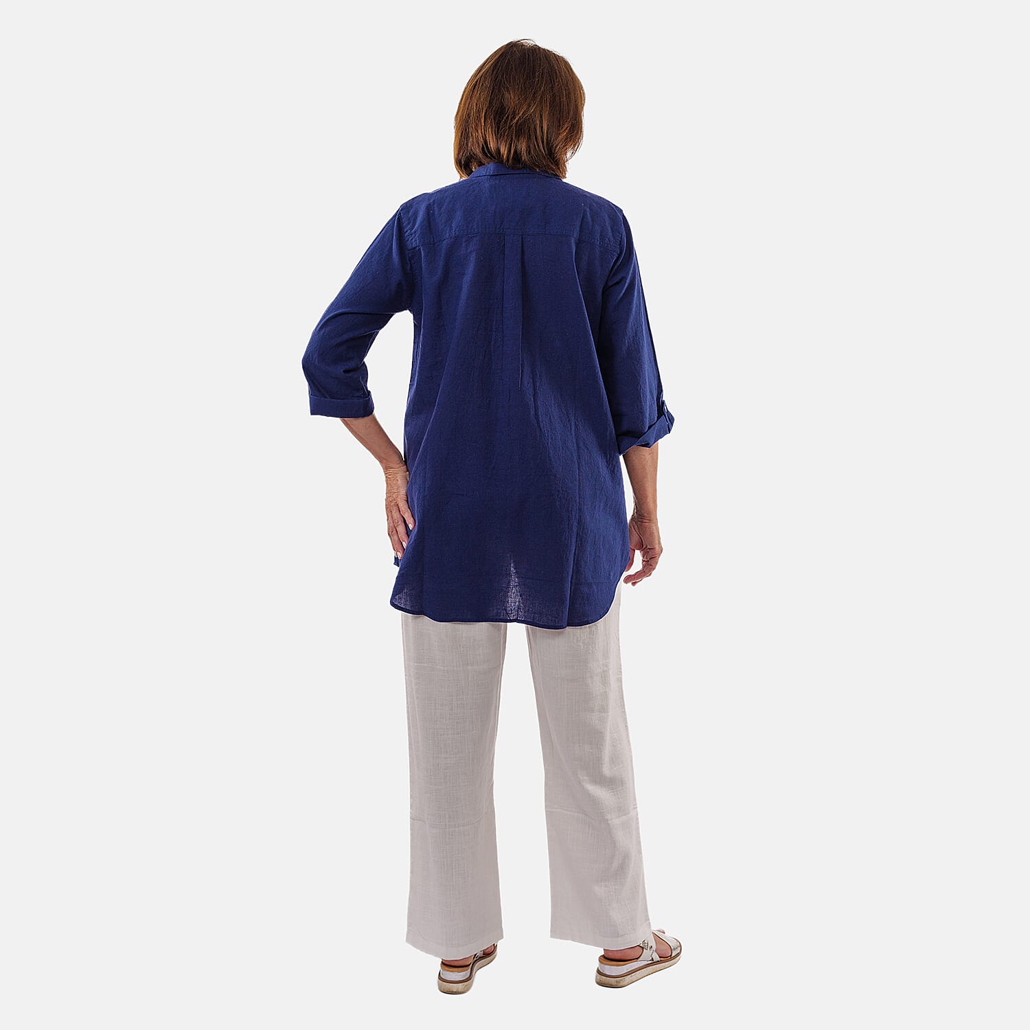 Tamsy Linen Blend Long Line Roll Up Sleeve Blouse (Size L,16-18) - Blue