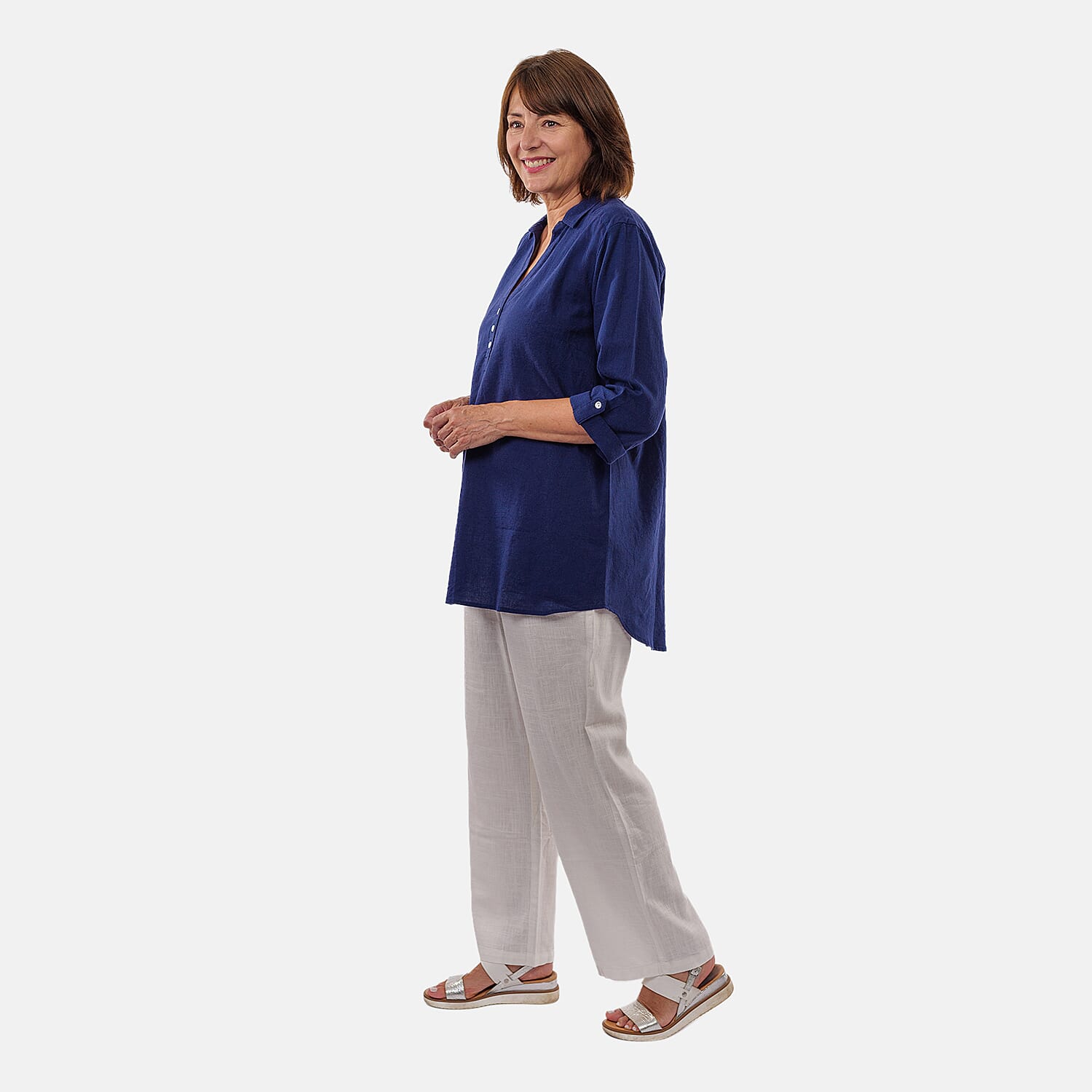 Tamsy Linen Blend Long Line Roll Up Sleeve Blouse (Size L,16-18) - Blue