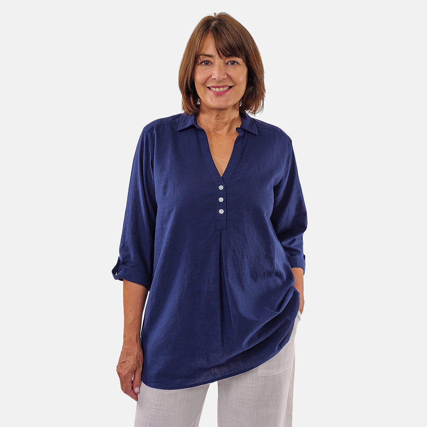 Tamsy Linen Blend Long Line Roll Up Sleeve Blouse (Size L,16-18) - Blue