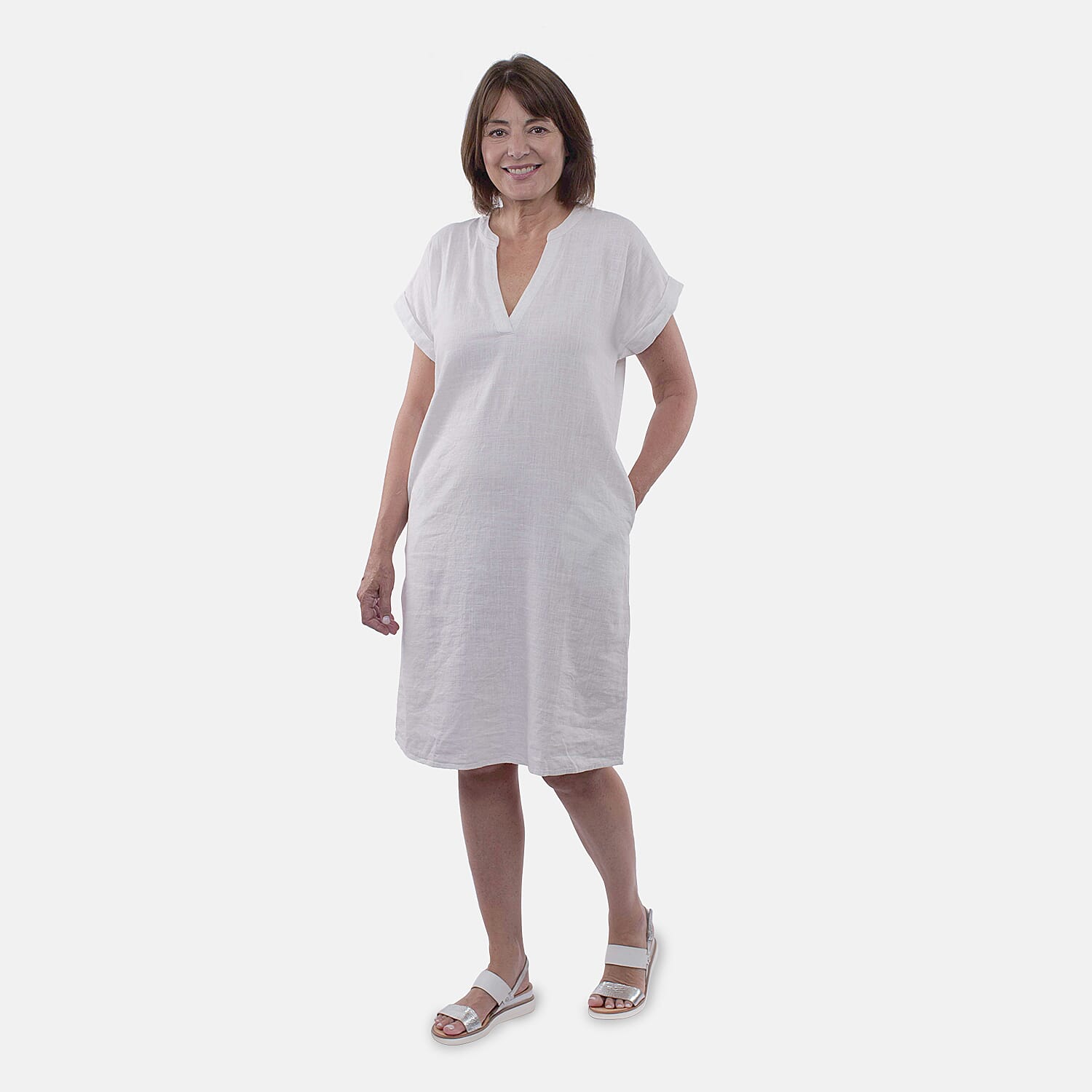 Tamsy Linen Rich Dress With Pockets - White