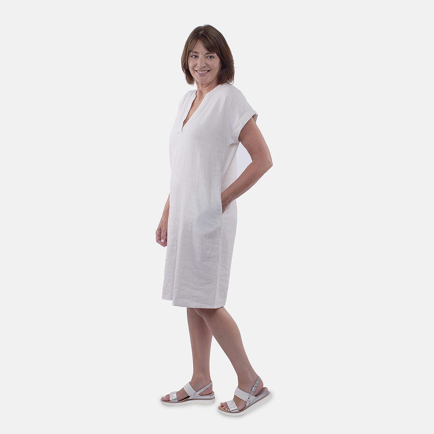 Tamsy Linen Rich Dress With Pockets - White