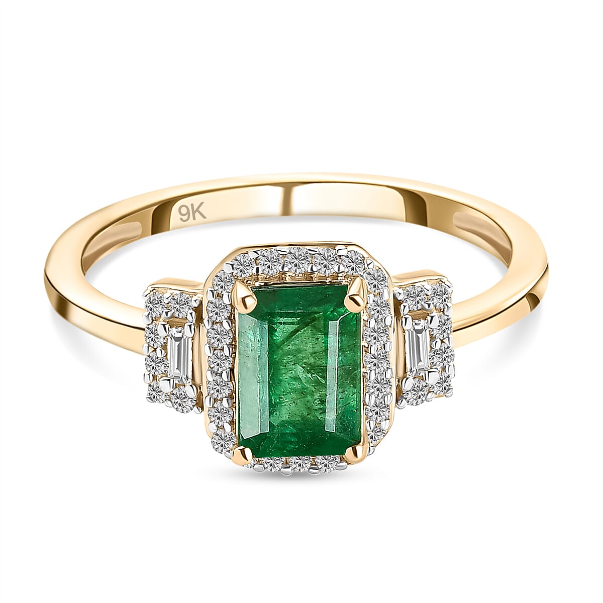 9K Yellow Gold AAA Kagem Zambian Emerald and Diamond Ring 1.20 Ct.