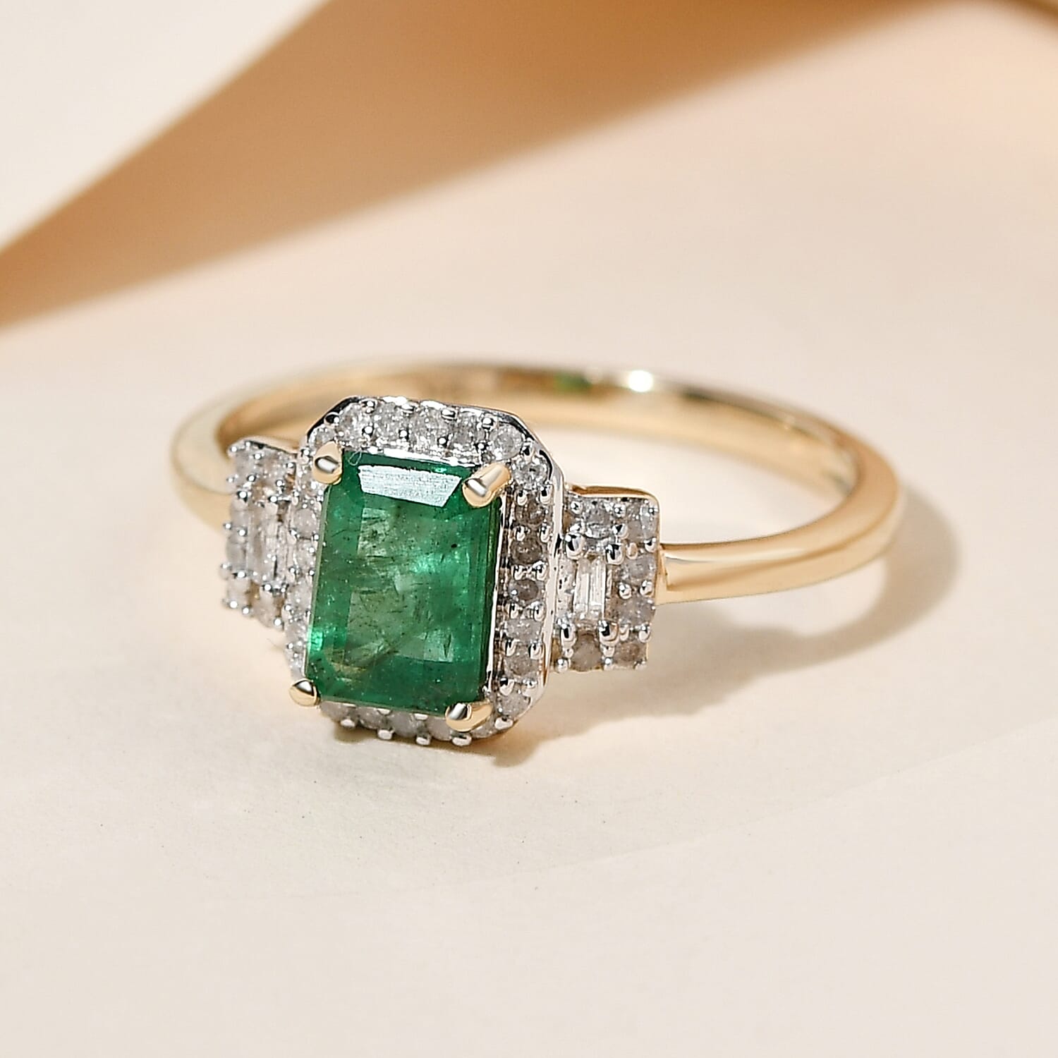 9K Yellow Gold AAA Kagem Zambian Emerald and Diamond Ring 1.20 Ct.