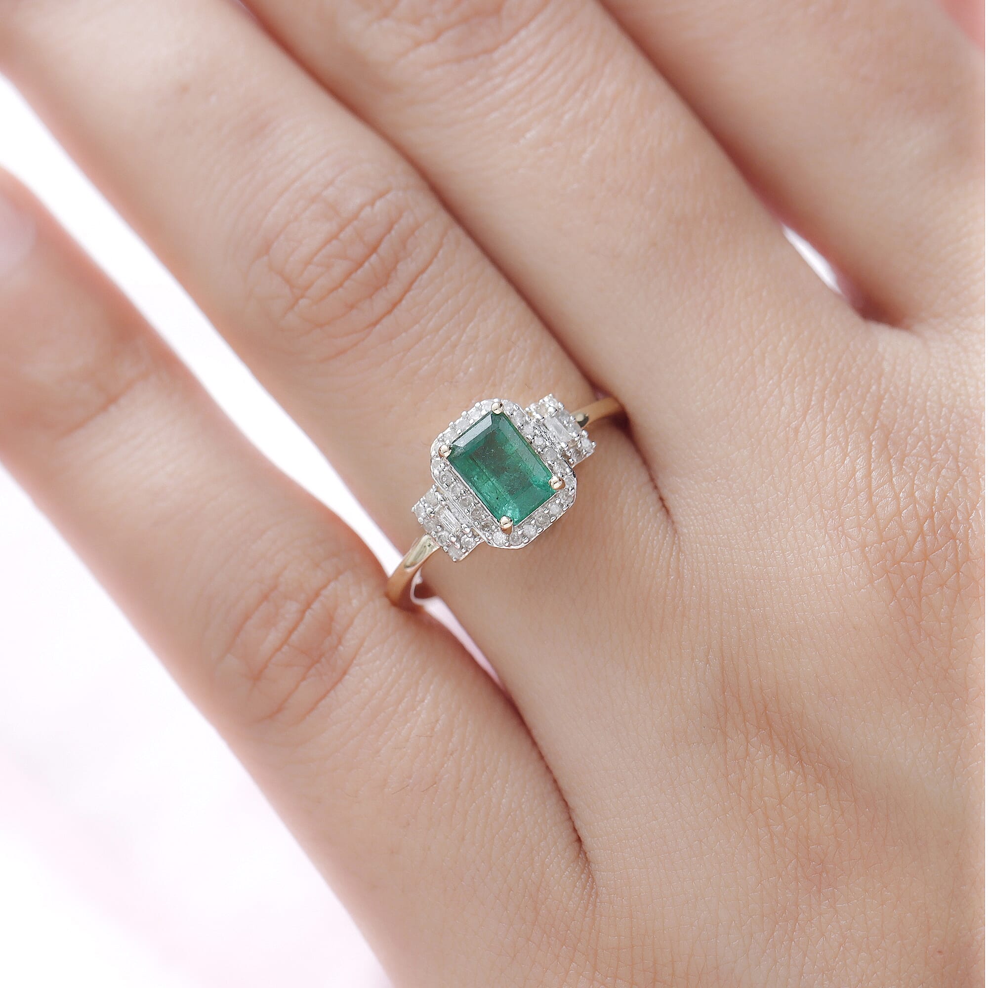 9K Yellow Gold AAA Kagem Zambian Emerald and Diamond Ring 1.20 Ct.