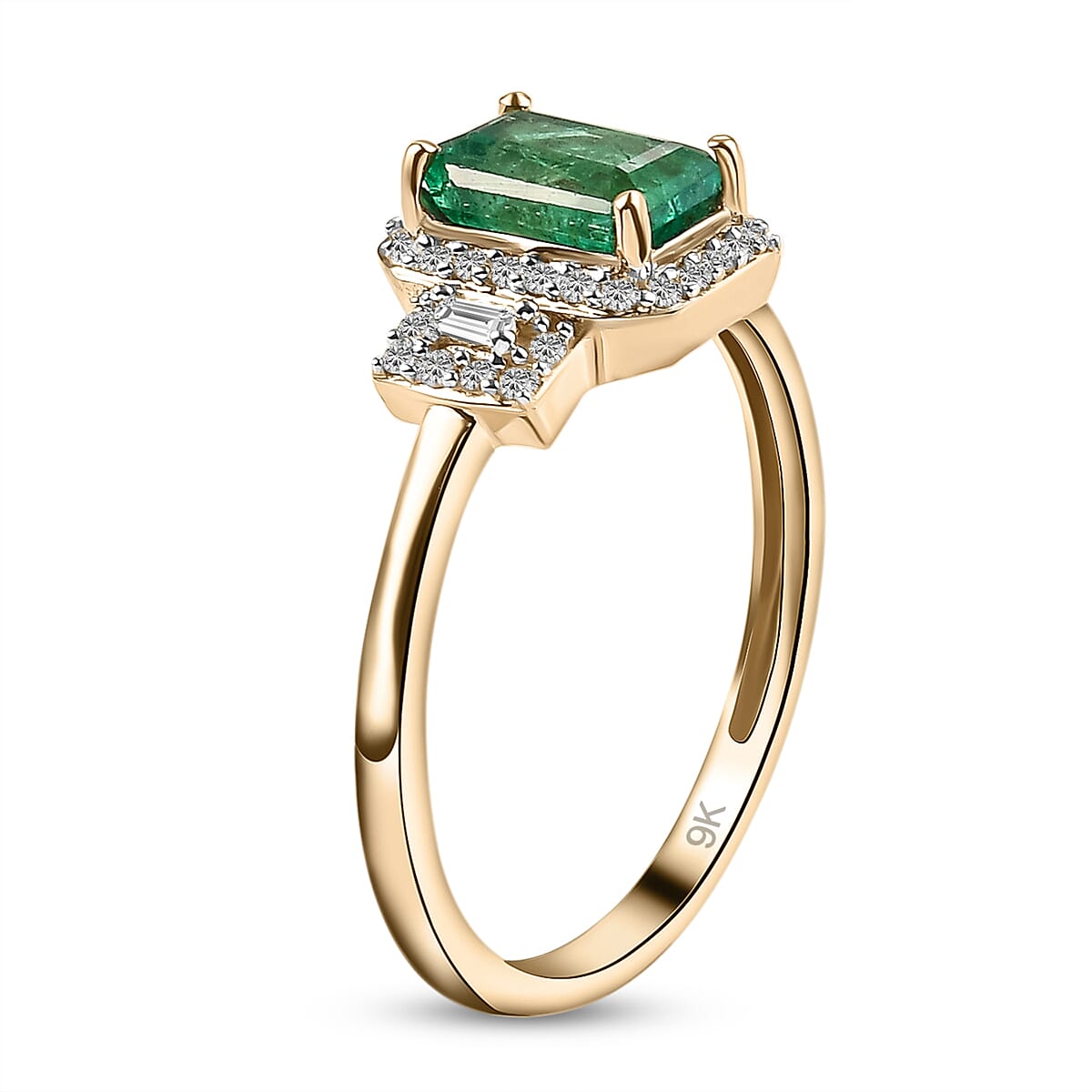 9K Yellow Gold AAA Kagem Zambian Emerald and Diamond Ring 1.20 Ct.