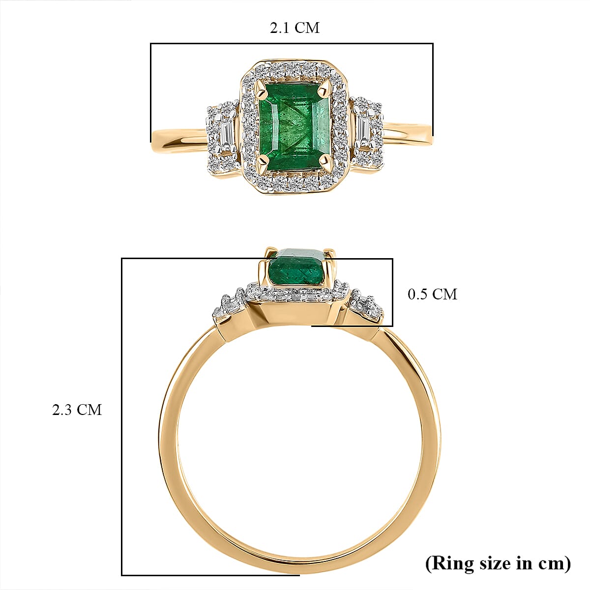 9K Yellow Gold AAA Kagem Zambian Emerald and Diamond Ring 1.20 Ct.