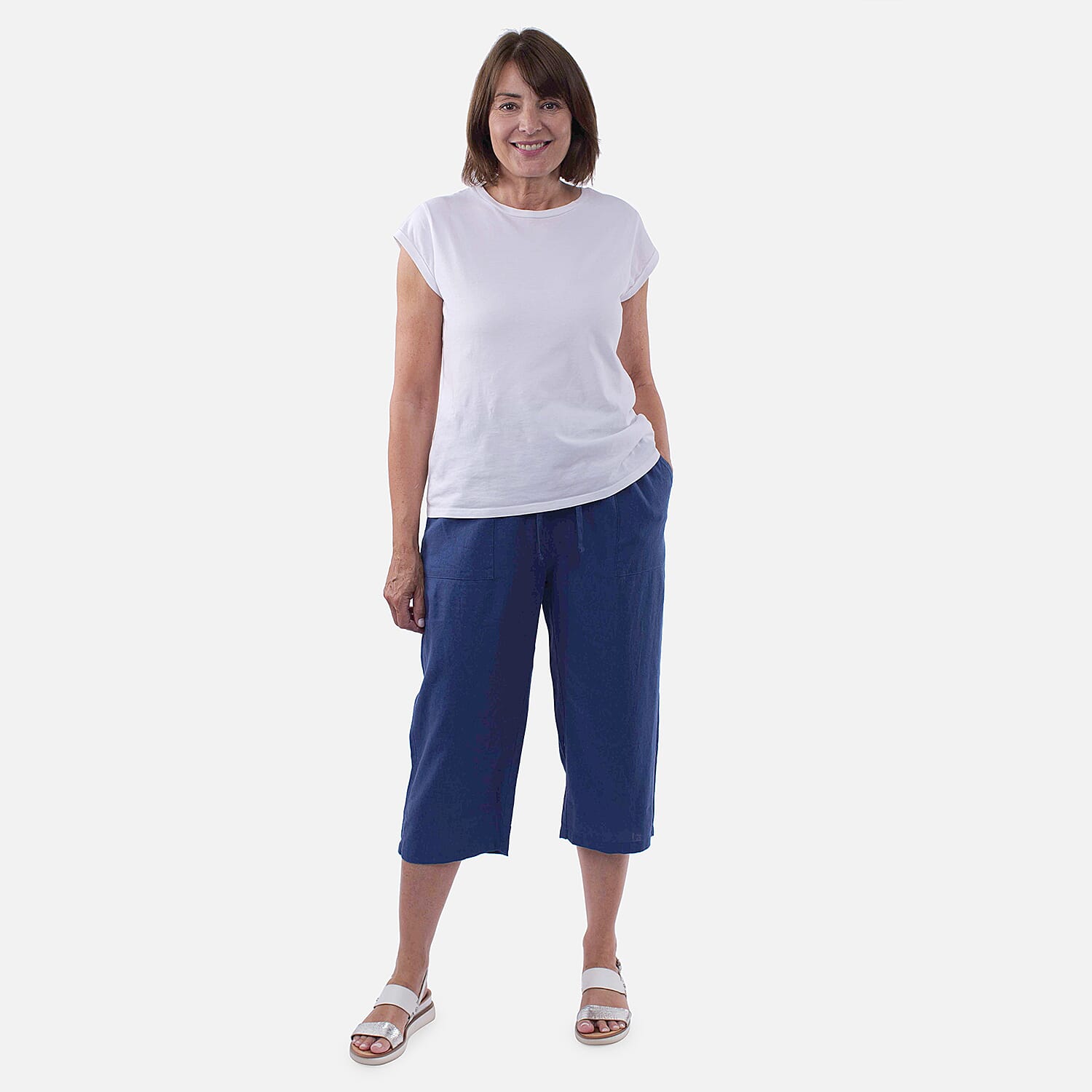 TAMSY Linen Blend Cropped Trouser (Size M,12-14) - Navy