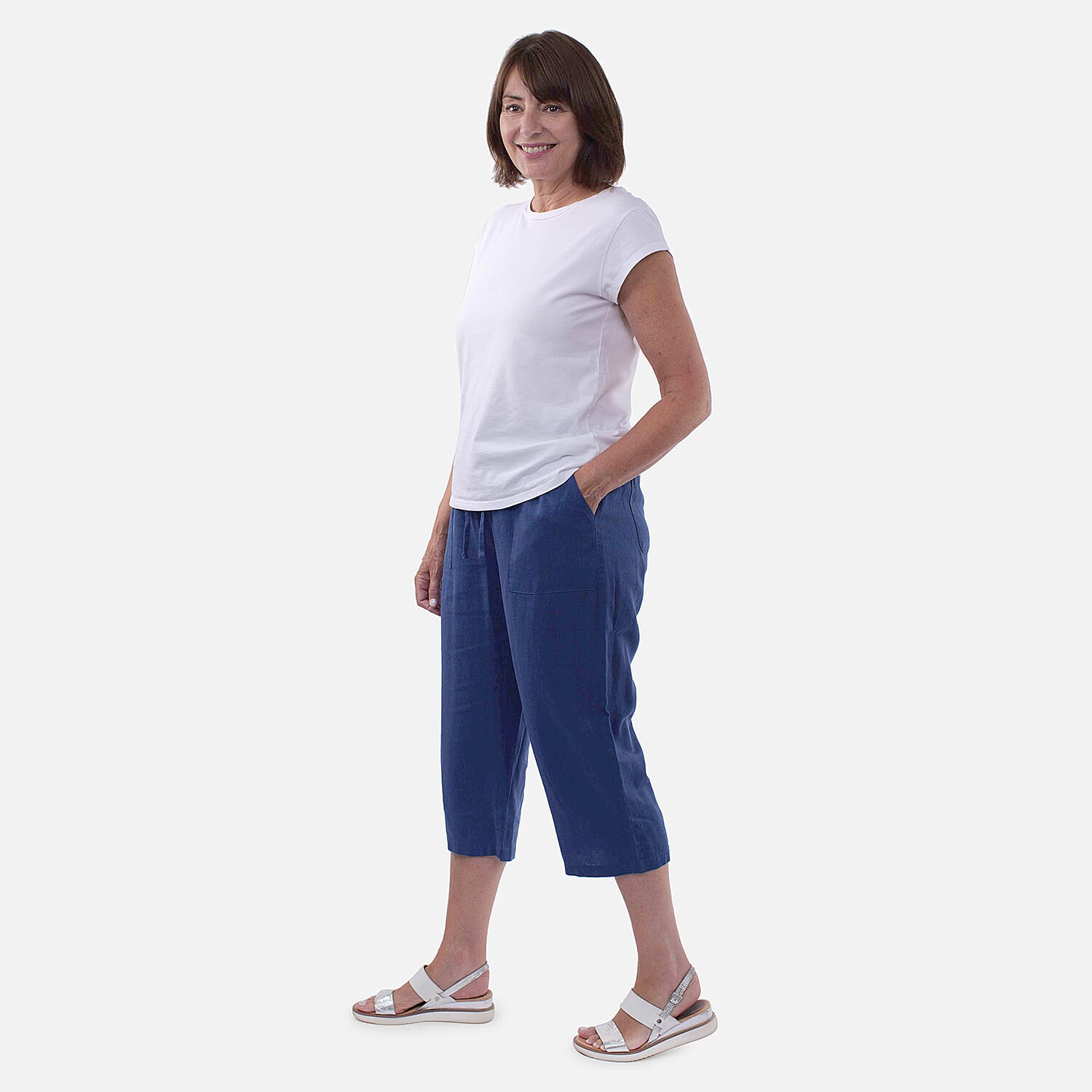 TAMSY Linen Blend Cropped Trouser (Size M,12-14) - Navy