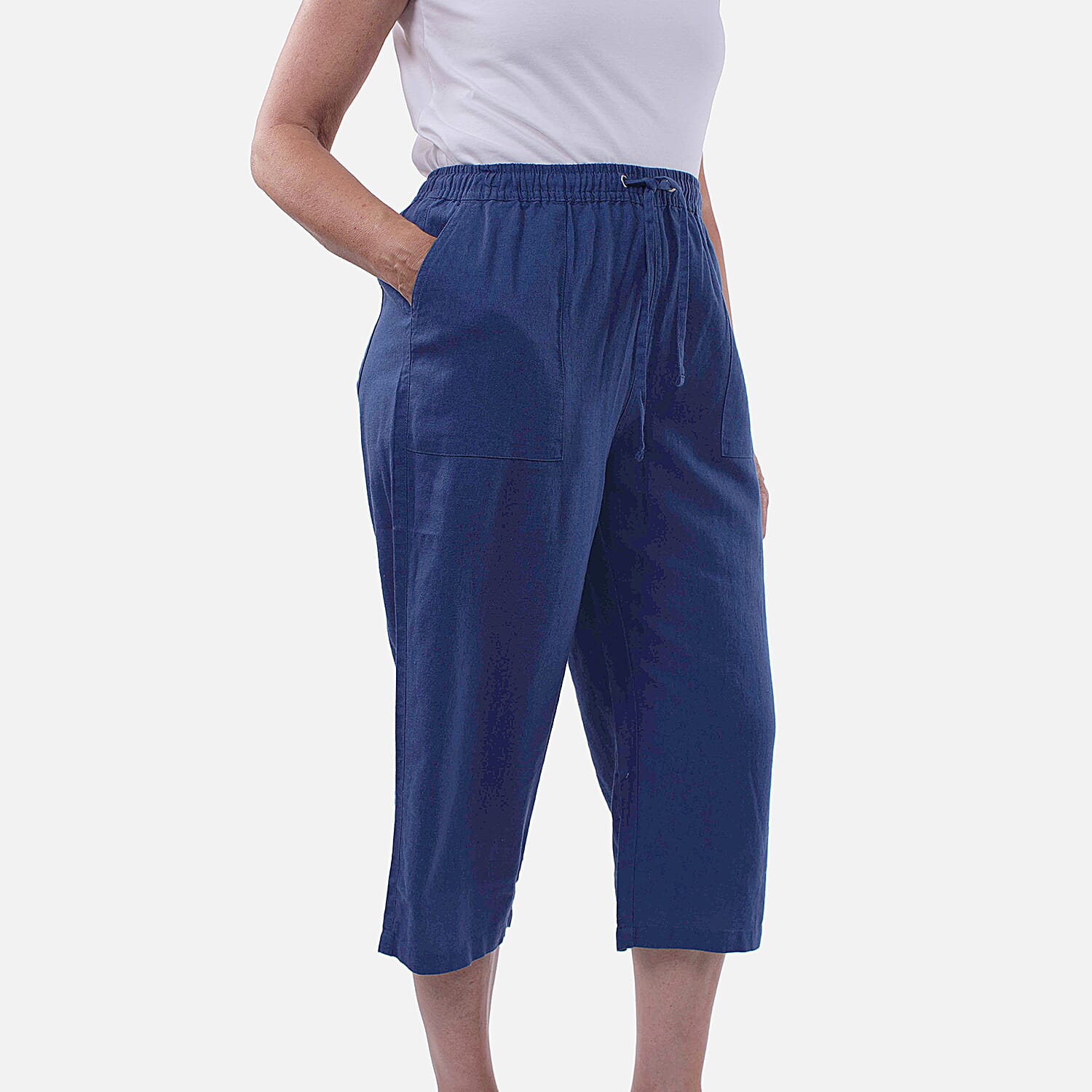 TAMSY Linen Blend Cropped Trouser (Size M,12-14) - Navy