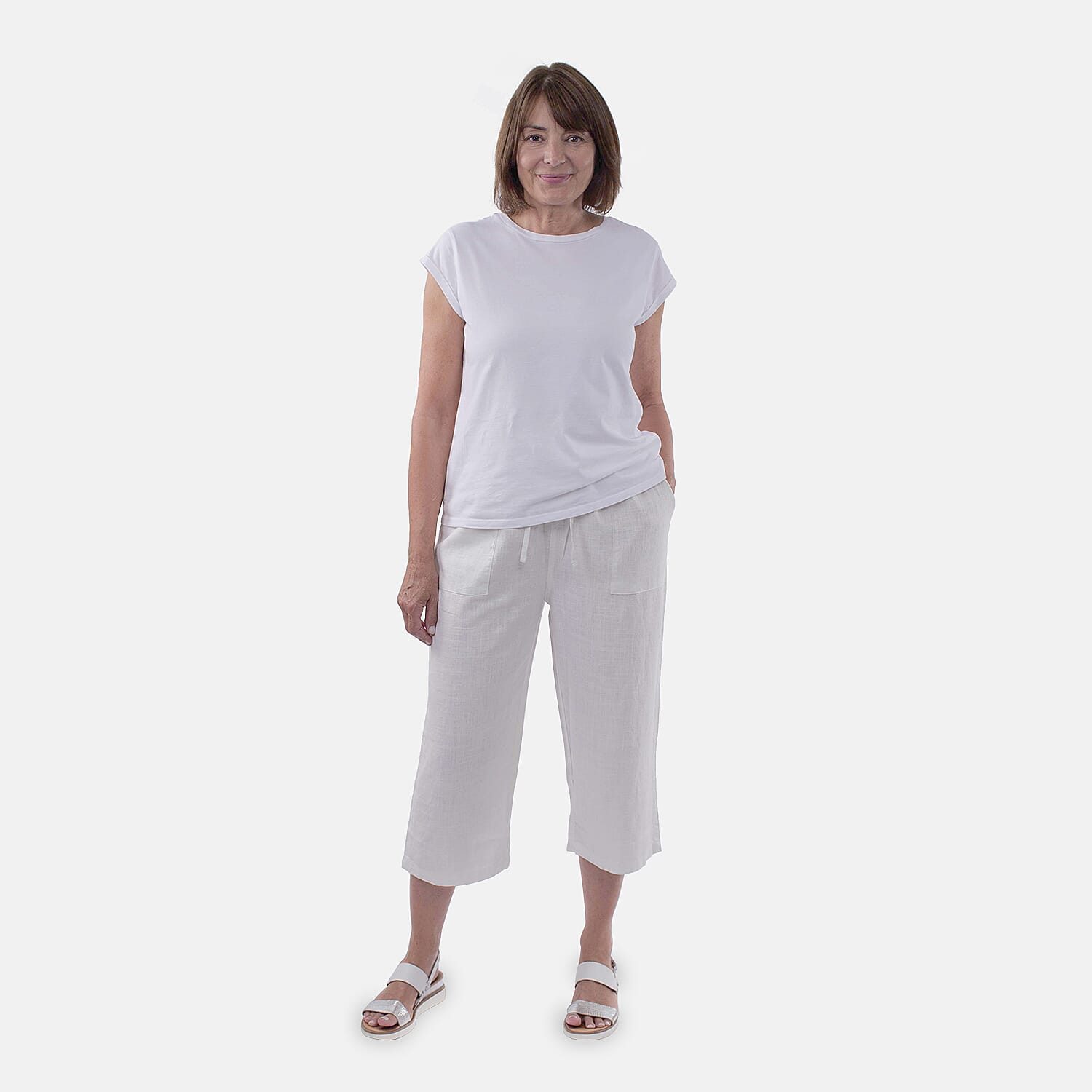 TAMSY Linen Blend Cropped Trouser (Size L,16-18) - White