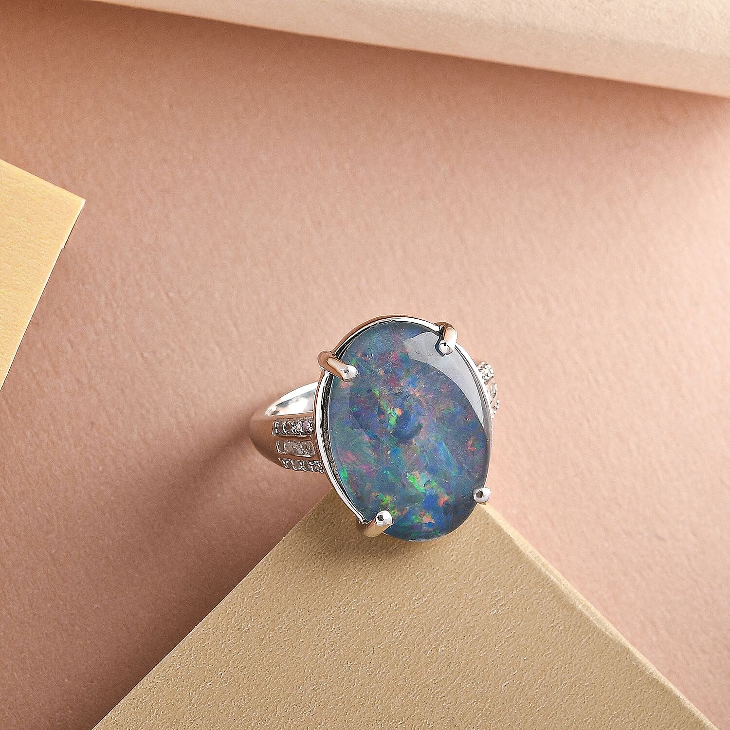 Australian Boulder Opal Triplet and Diamond Ring in Platinum Overlay Sterling Silver