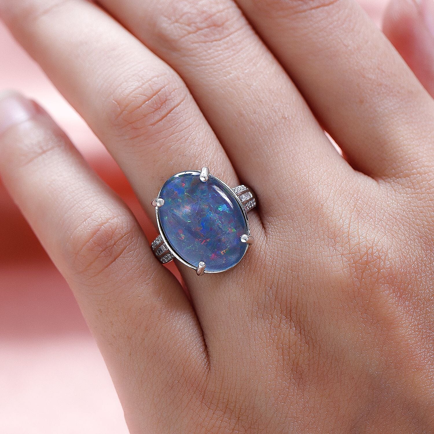 Australian Boulder Opal Triplet and Diamond Ring in Platinum Overlay Sterling Silver