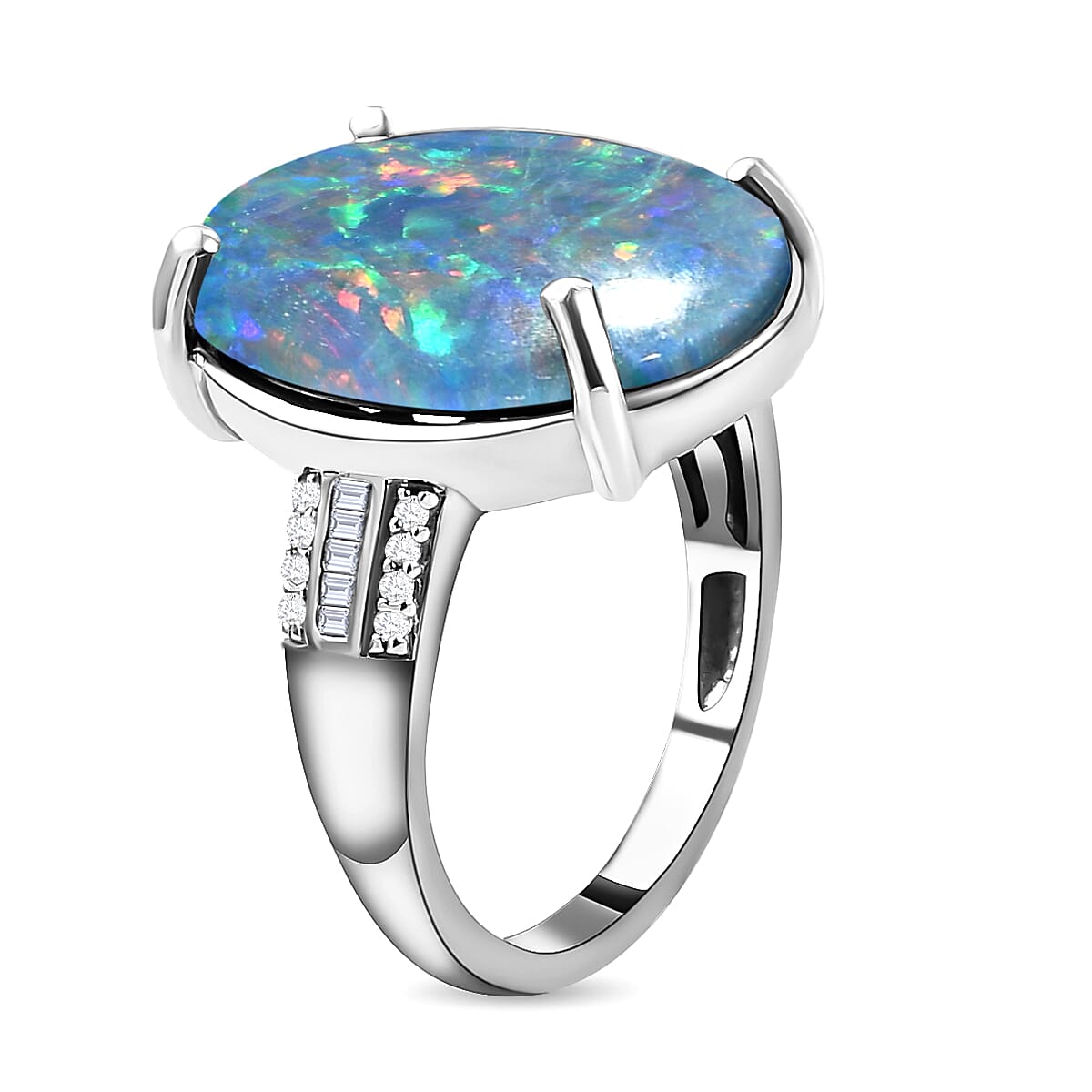 Australian Boulder Opal Triplet and Diamond Ring in Platinum Overlay Sterling Silver