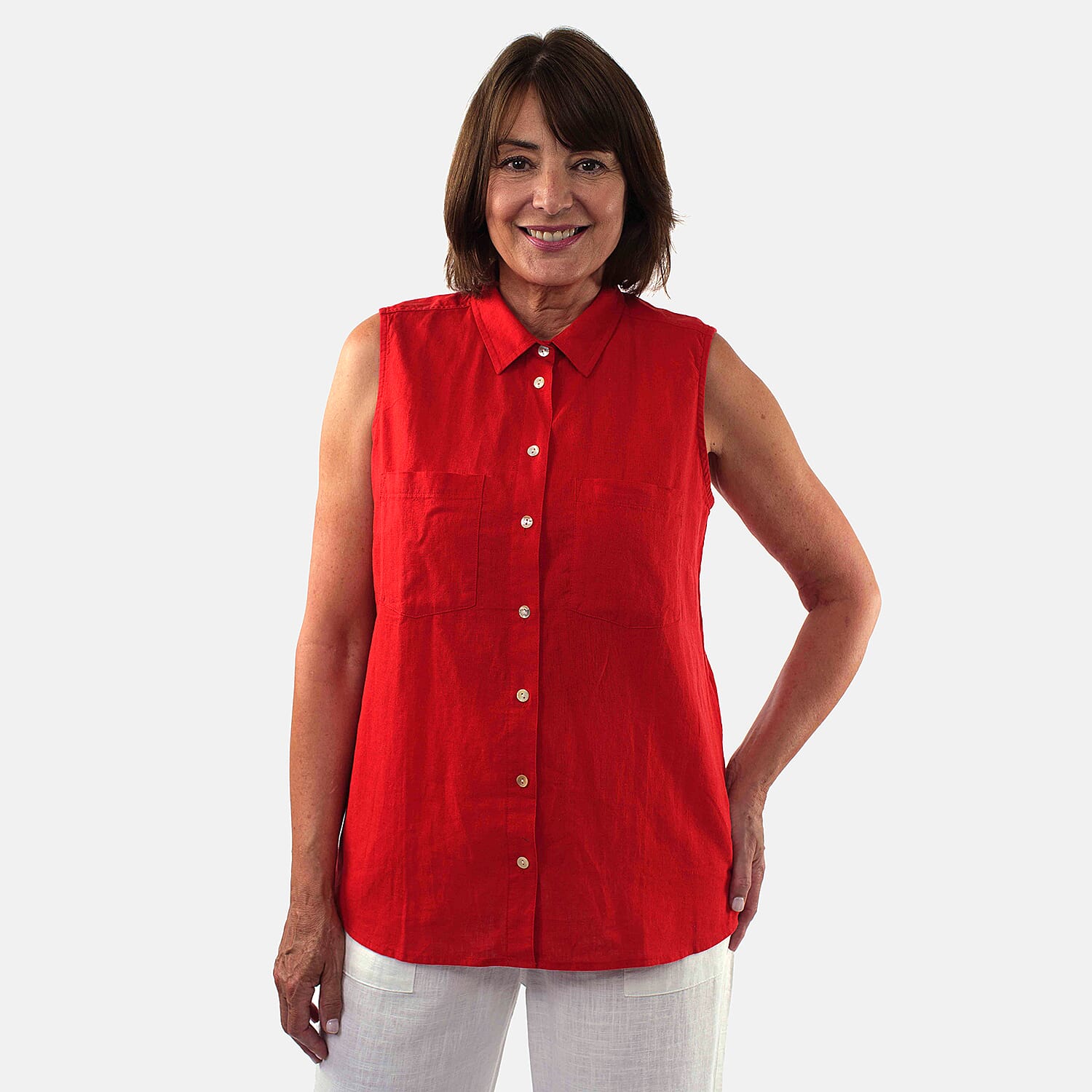 TAMSY Linen Sleeveless Button Through Shirt with Patch Pockets (Size 14) - Red