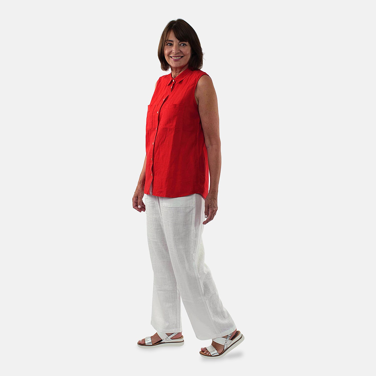 TAMSY Linen Sleeveless Button Through Shirt with Patch Pockets (Size 14) - Red