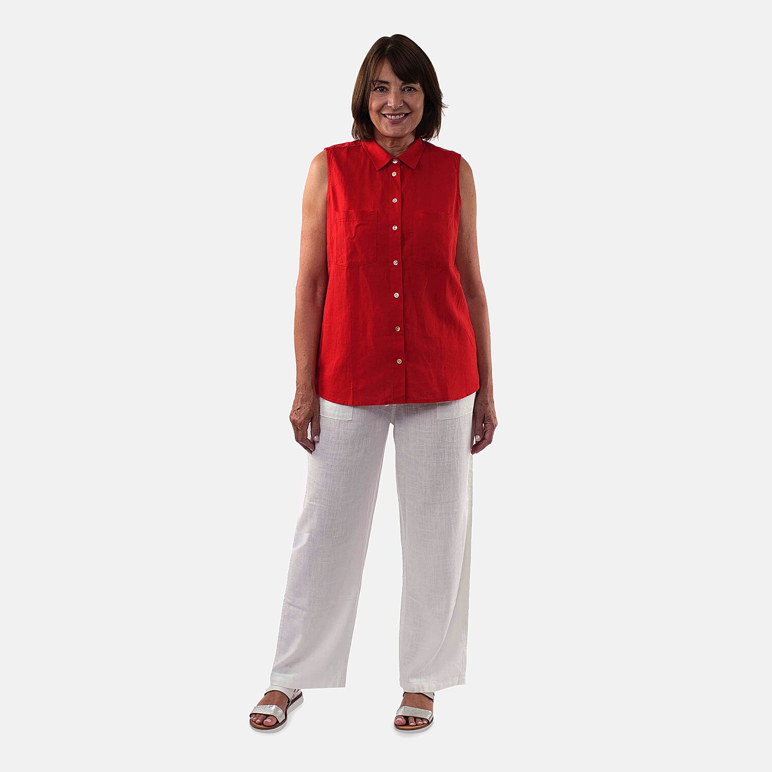 TAMSY Linen Sleeveless Button Through Shirt with Patch Pockets (Size 14) - Red