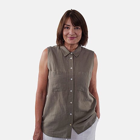 TAMSY Linen Sleeveless Button Through Shirt with Patch Pockets (Size 14) - Olive