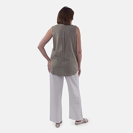 TAMSY Linen Sleeveless Button Through Shirt with Patch Pockets (Size 14) - Olive