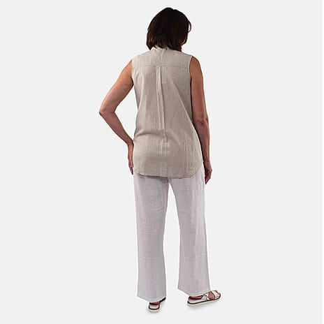 TAMSY Linen Sleeveless Button Through Shirt with Patch Pockets (Size 14) - Beige