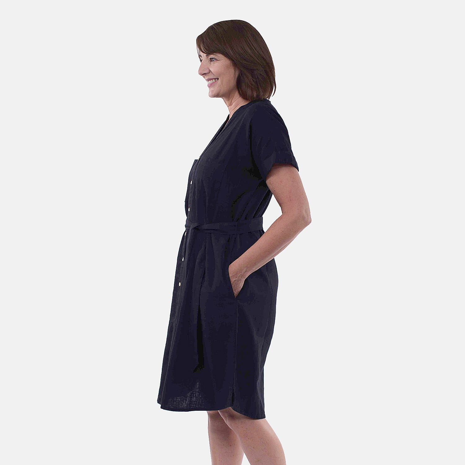 Tamsy Linen Blend Belted Dress (Size L,16-18) - Black