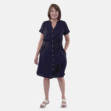 Tamsy Linen Blend Belted Dress (Size S,8-10) - Black