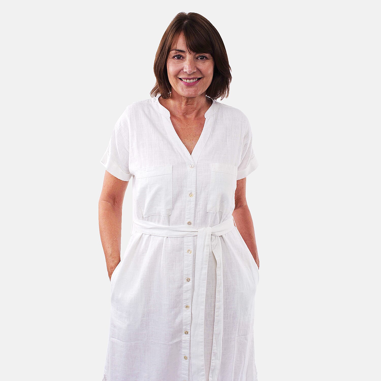 Tamsy Linen Blend Belted Dress (Size L,16-18) - White