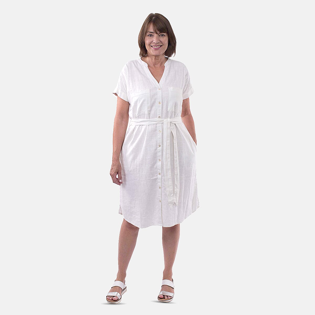 Tamsy Linen Blend Belted Dress (Size S,8-10) - White