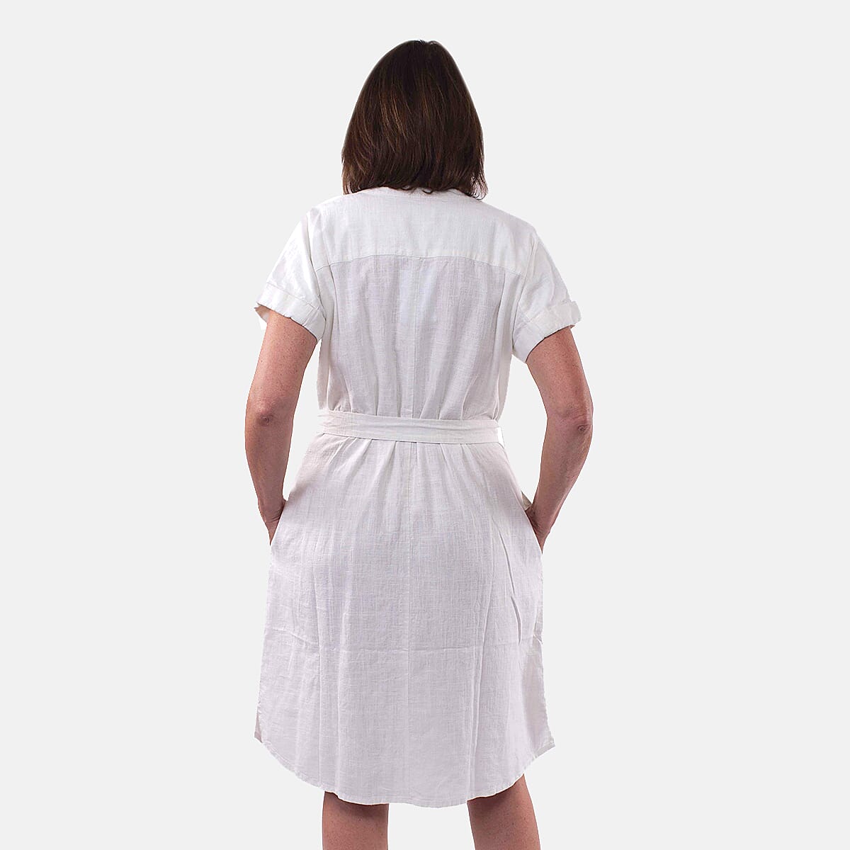 Tamsy Linen Blend Belted Dress (Size S,8-10) - White