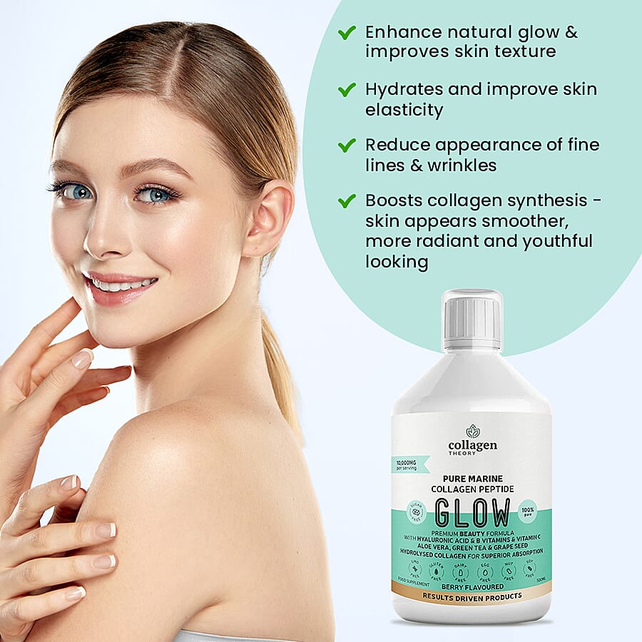 Collagen Theory- Glow Liquid Marine Collagen (with Added Hyaluronic Acid, Vitamin C and B, Aloe Vera, Green Tea & Grape Seed) - 500ml
