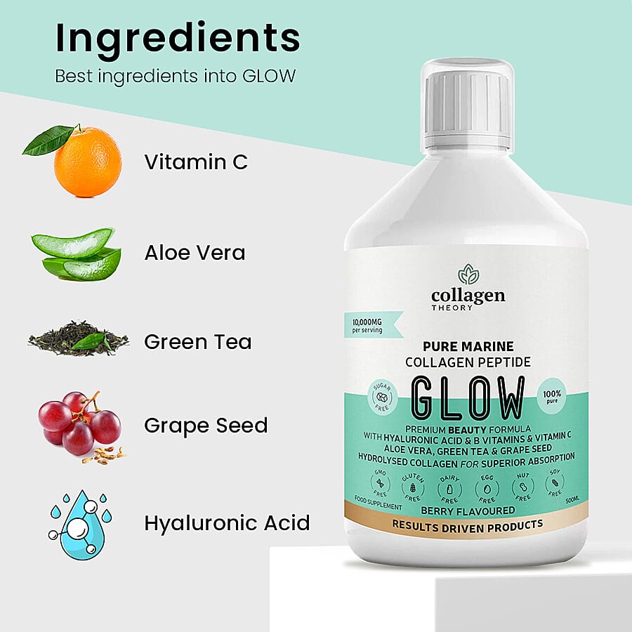 Collagen Theory- Glow Liquid Marine Collagen (with Added Hyaluronic Acid, Vitamin C and B, Aloe Vera, Green Tea & Grape Seed) - 500ml
