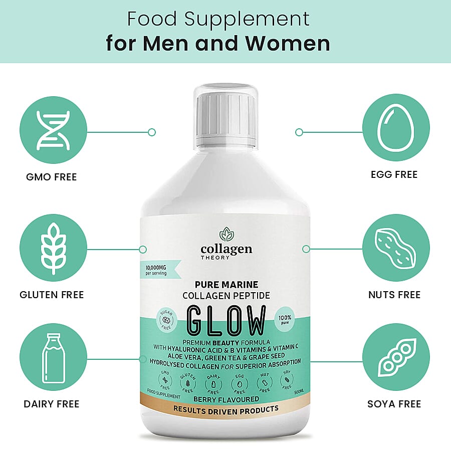 Collagen Theory- Glow Liquid Marine Collagen (with Added Hyaluronic Acid, Vitamin C and B, Aloe Vera, Green Tea & Grape Seed) - 500ml