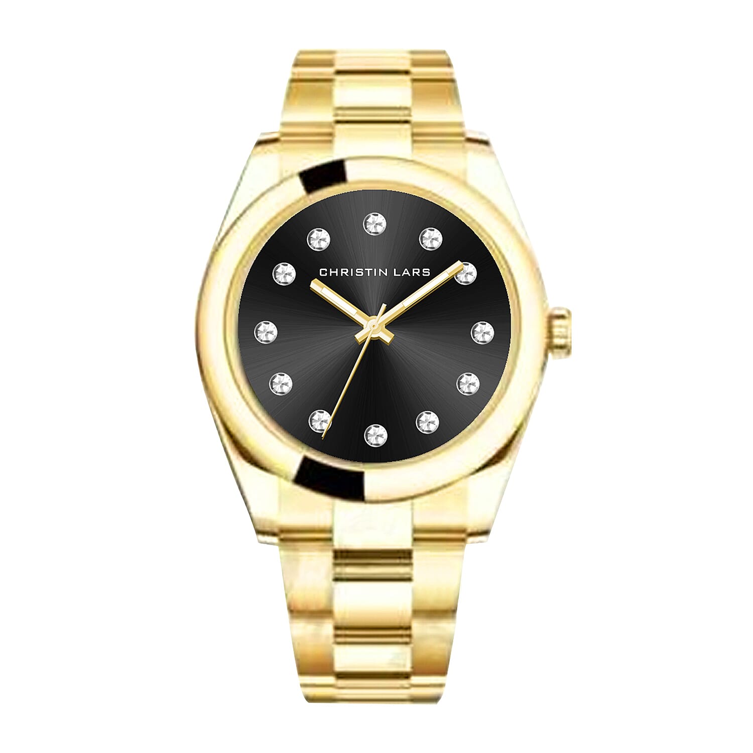 CHRISTIN LARS Quartz Movement Black Dial Crystal Studded Watch with Gold Colour Chain Strap