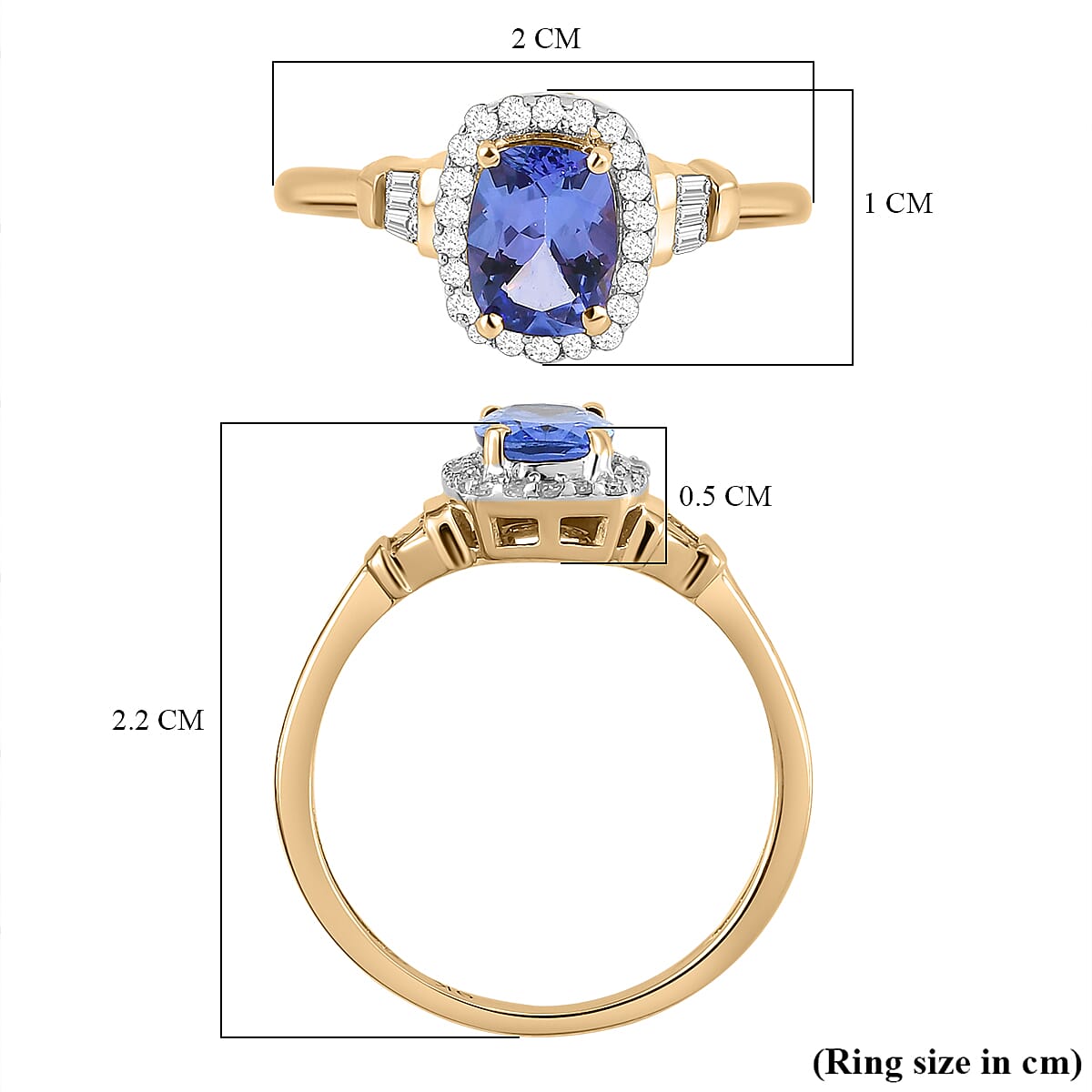 9K Yellow Gold AAA Tanzanite and Diamond Ring 1.15 Ct.