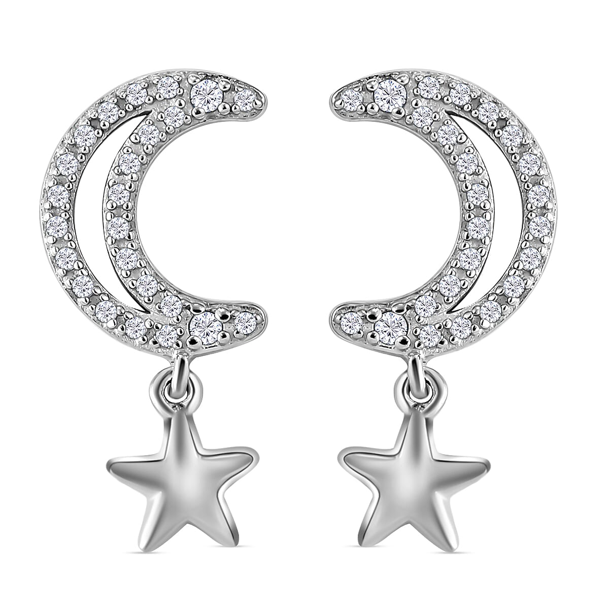 Diamond Moon Star Earrings (with Push Back) in Platinum Overlay Sterling Silver 0.32 Ct.